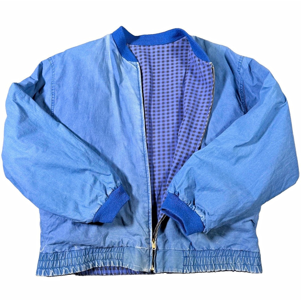 Vintage Midwest Traders Reversible Canvas Bomber Jacket Blue Gingham Cotton XL